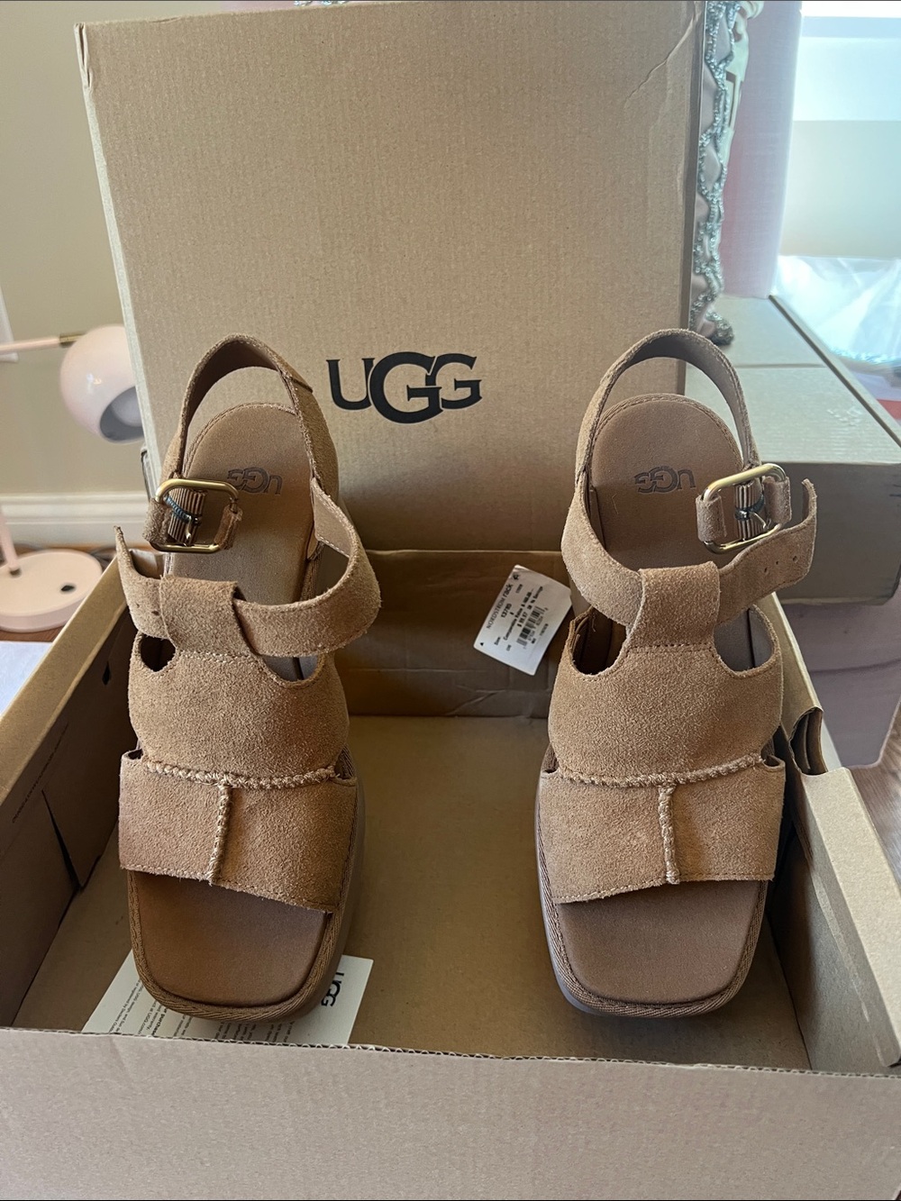 UGG Women's Chestnut Suede Platform Sandals with Buckle